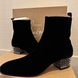 Christian Louboutin Black Ankle Boots with Studded Silver Heel